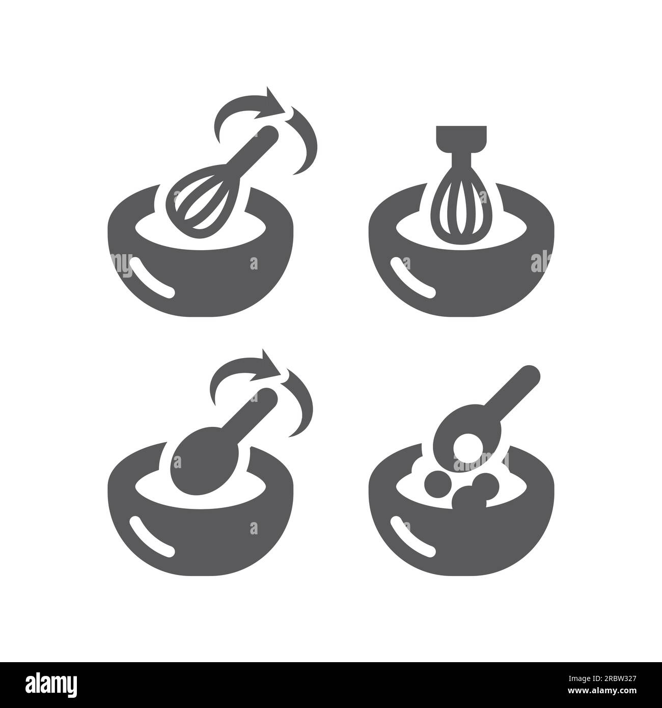 Mélanger le bol alimentaire, remuer avec un fouet ou un batteur à œufs. Mixeur, ajout d'ingrédients, jeu d'icônes vectorielles de cuisson. Illustration de Vecteur