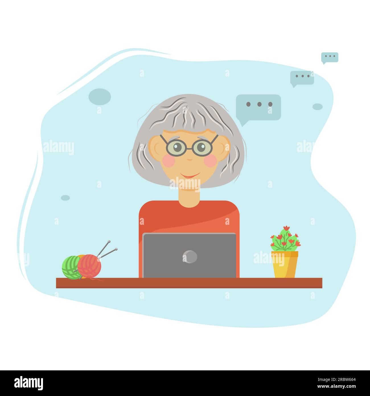 grand-mère est heureuse assise à son ordinateur portable, bavarder, chercher des recettes, intéressant Illustration de Vecteur