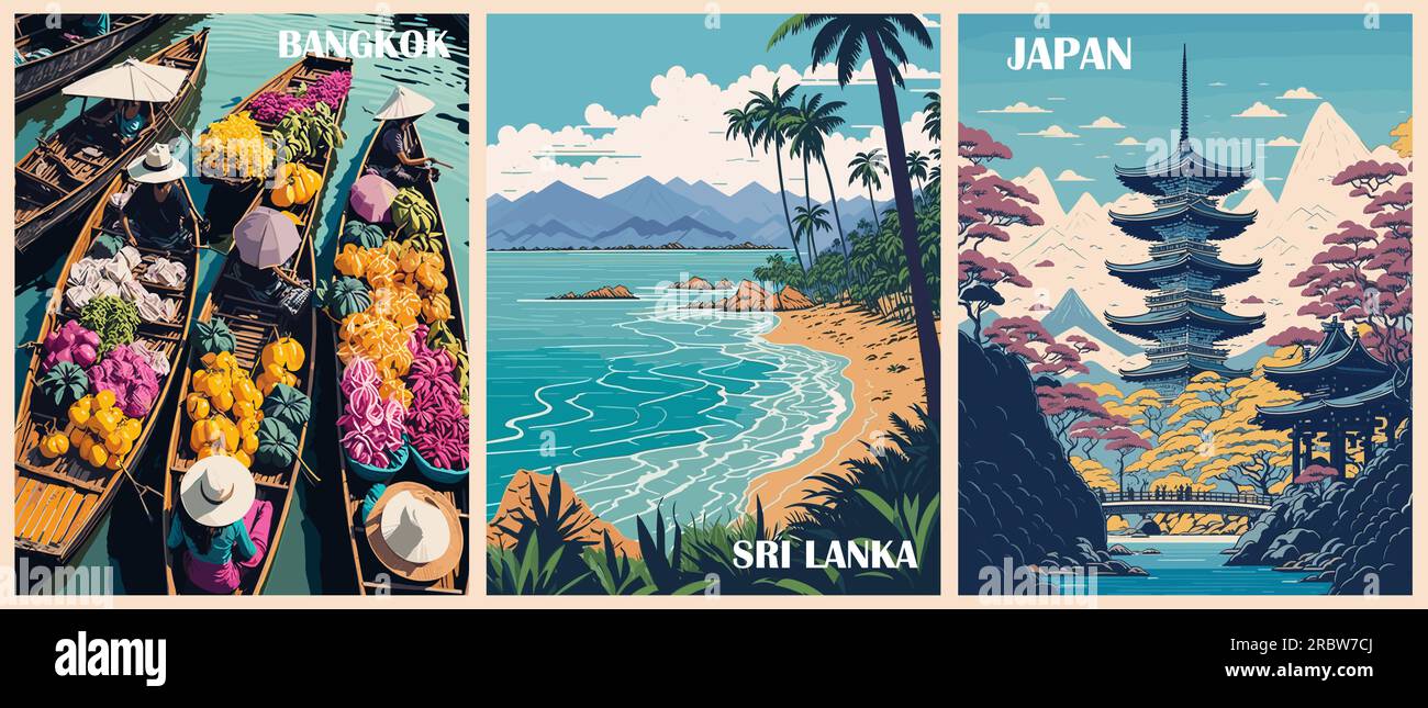 Ensemble d'affiches Travel destination dans un style rétro. Illustration de Vecteur