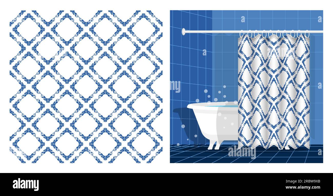 Intérieur de la salle de bains avec baignoire et rideau décoré de motifs géométriques avec rouleau de vigne et losange et carré en forme de tendril. Illustration vectorielle, orna Illustration de Vecteur