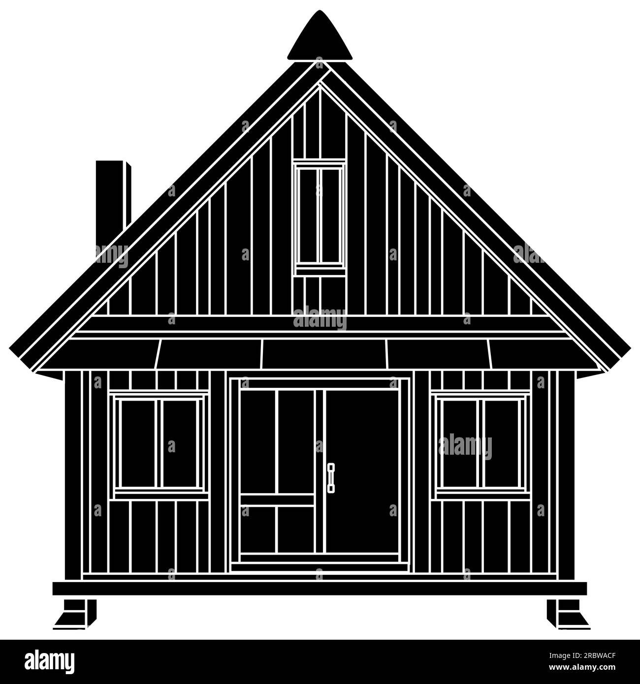 Silhouette noire de maison en bois de deux étages isolé sur fond blanc. Clipart vectoriel. Illustration de Vecteur