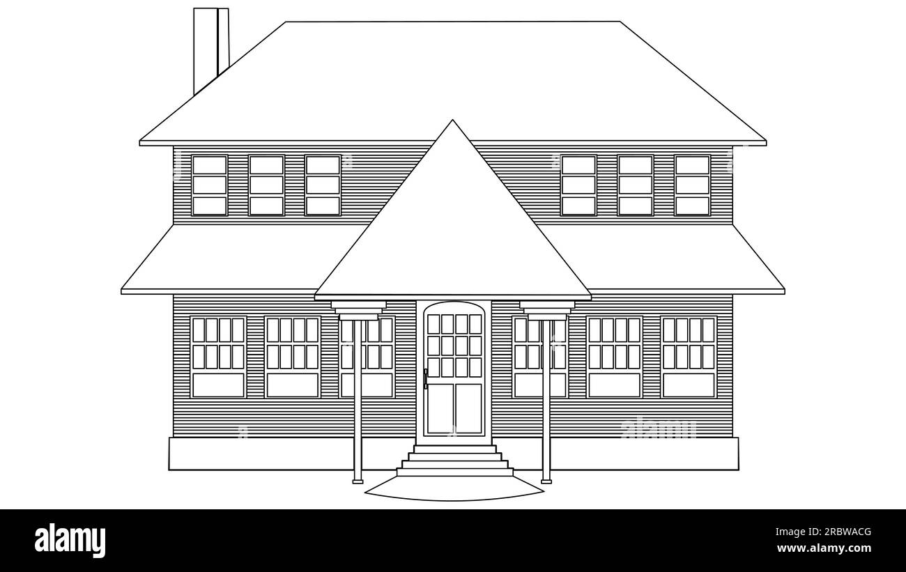 Contour maison de deux étages avec porche isolé sur fond blanc. Clipart vectoriel. Illustration de Vecteur