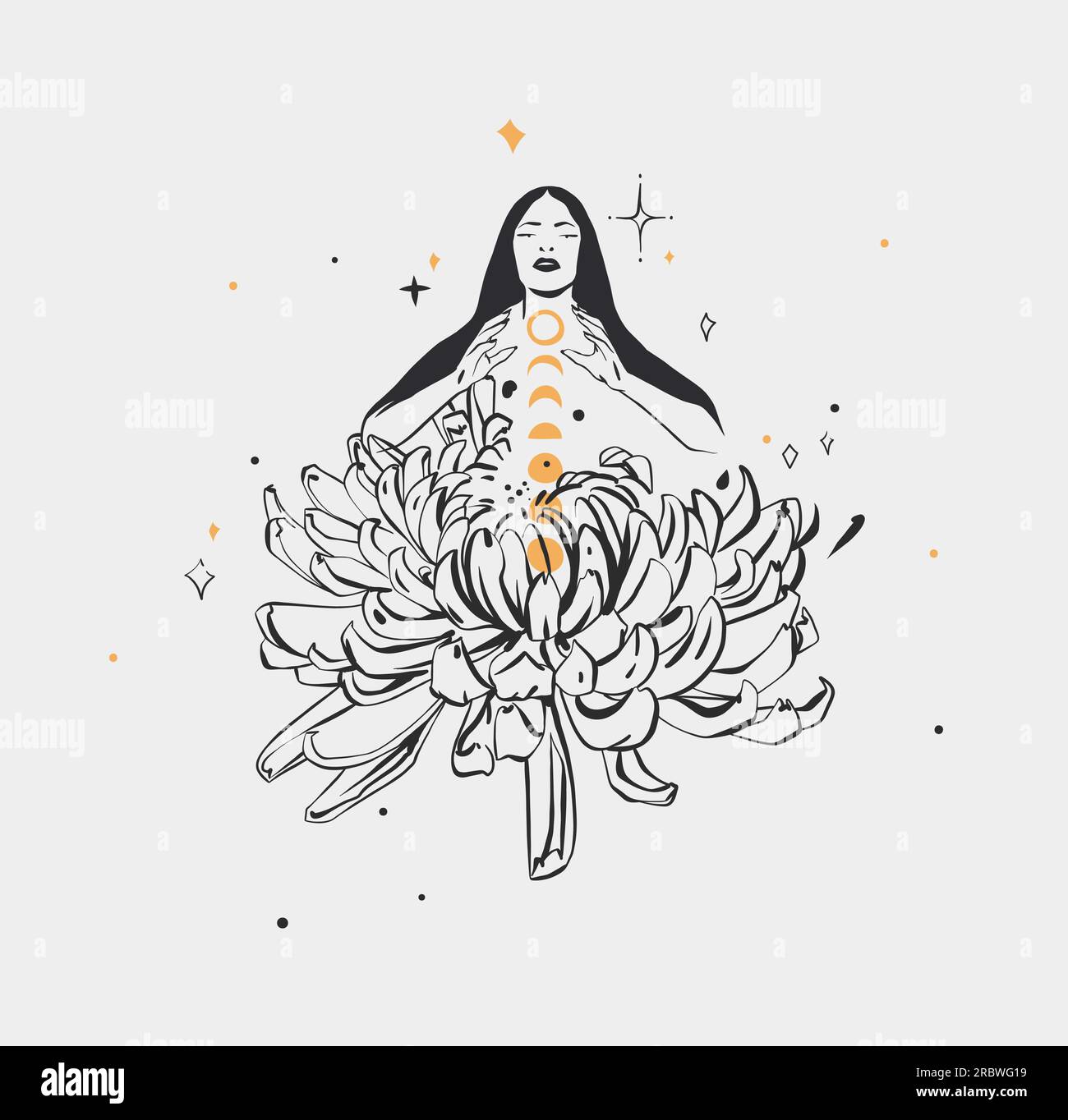 Abstrait vectoriel dessiné à la main, femme sorcière magique graphique, phases de lune et étoiles dans le style d'art de ligne moderne minimaliste illustration.Moon et contour d'étoile Illustration de Vecteur