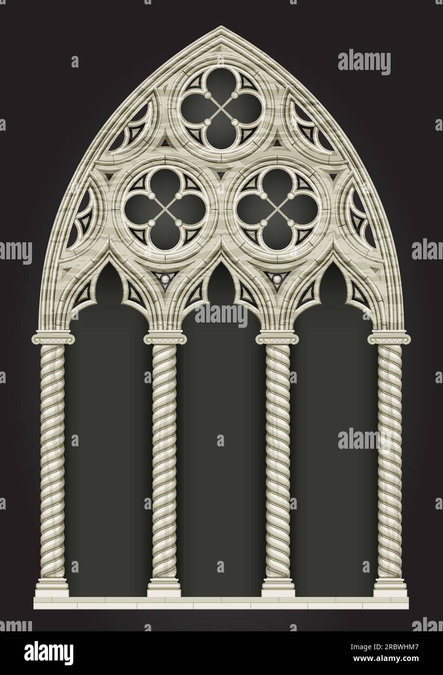 Cathédrale gothique réaliste fenêtre médiévale en vitraux et arche en pierre . Arrière-plan ou texture. Élément architectural Illustration de Vecteur