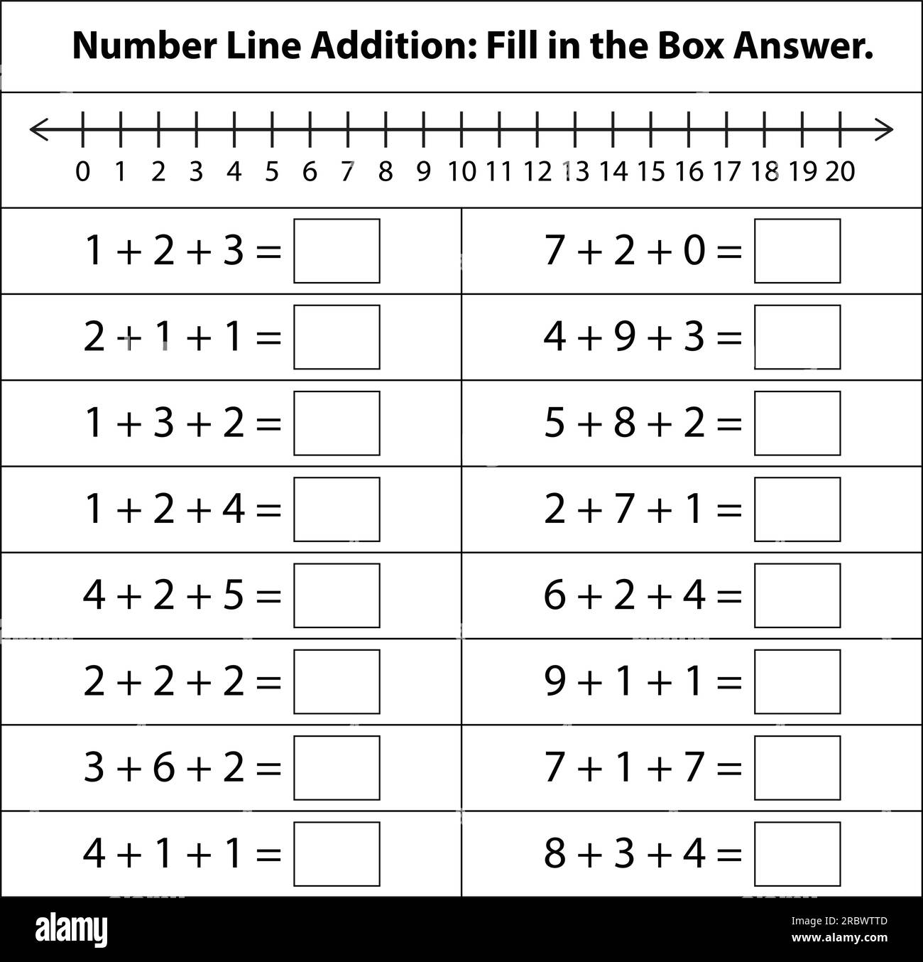 Numéro ligne 1 à 20 addition. Tableau mathématique pour les opérations d'addition et de soustraction à l'école isolé sur fond blanc. Illustration graphique vectorielle. Illustration de Vecteur