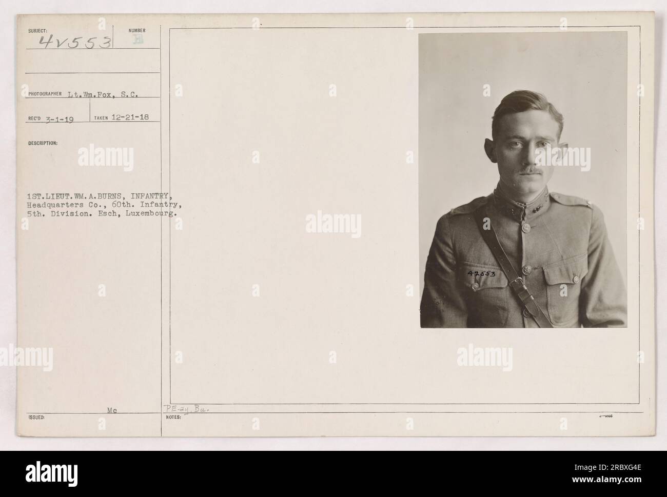 Soldats américains stationnés à Esch, Luxembourg pendant la première Guerre mondiale. La photographie montre le soldat William A. Burns, membre de la compagnie du quartier général de la 60e infanterie, 5e division. L'image a été prise le 21 décembre 1918 par le lieutenant WN. Fox, S.C. Banque D'Images