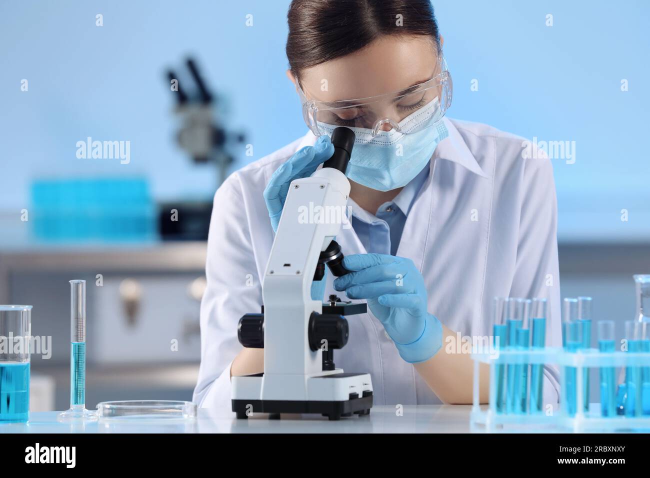 Scientifique travaillant avec le microscope et les tubes à essai en  laboratoire Photo Stock - Alamy