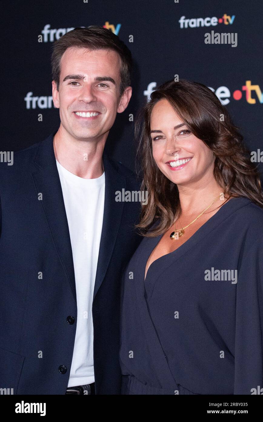 Jean-Baptiste marteau et Julia Vignali assistent a la Conference de presse de prendre de France télévisions a Paris, France le 11 juillet 2023. Photo Aurore Marechal/ABACAPRESS.COM Banque D'Images