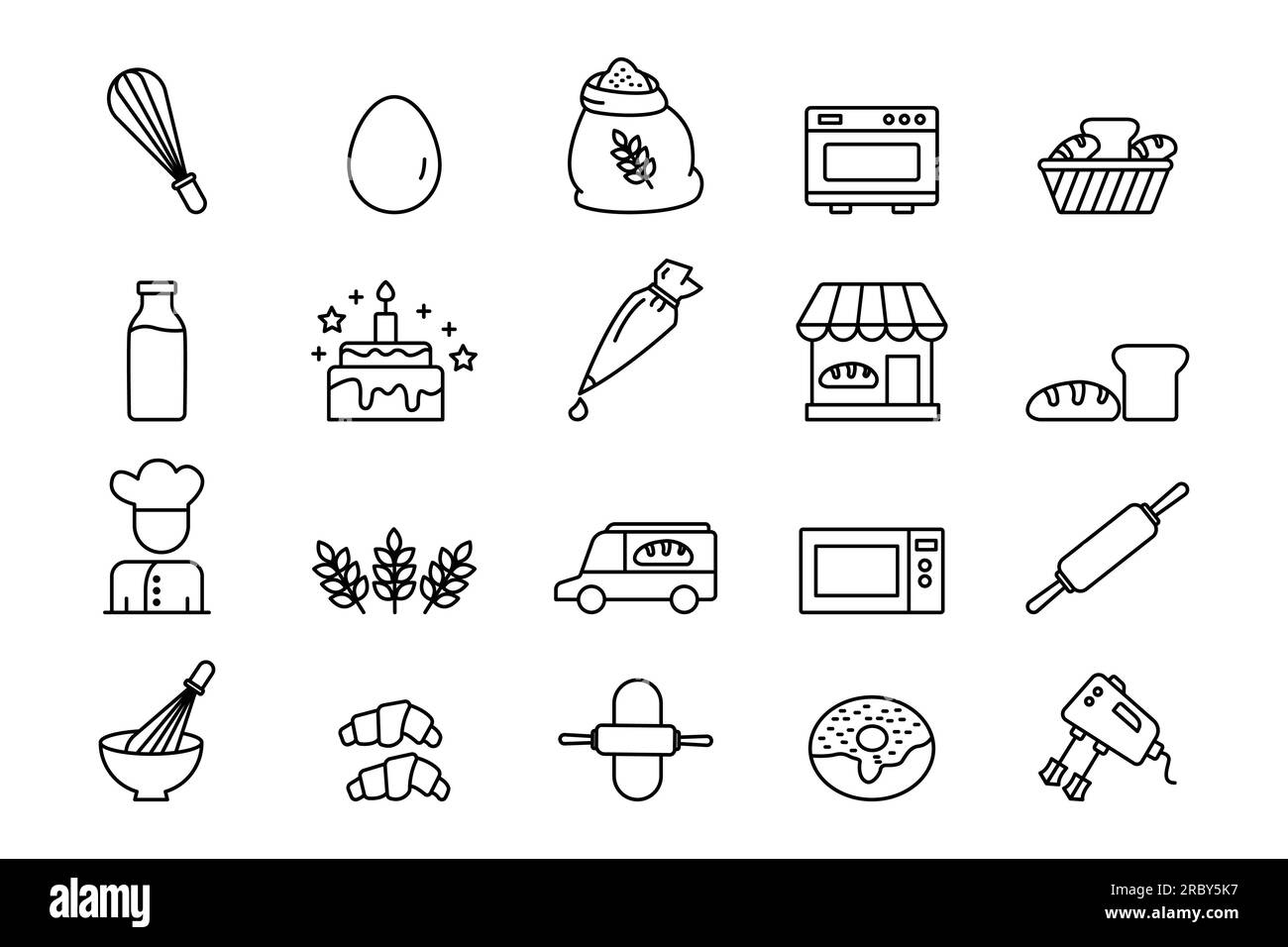 Icône ensemble boulangerie. Contient l'élément d'icône de boulangerie, fouet, four, boulanger, pain, mixeur à main et plus encore. style icône en forme de ligne. Conception vectorielle simple editabl Illustration de Vecteur