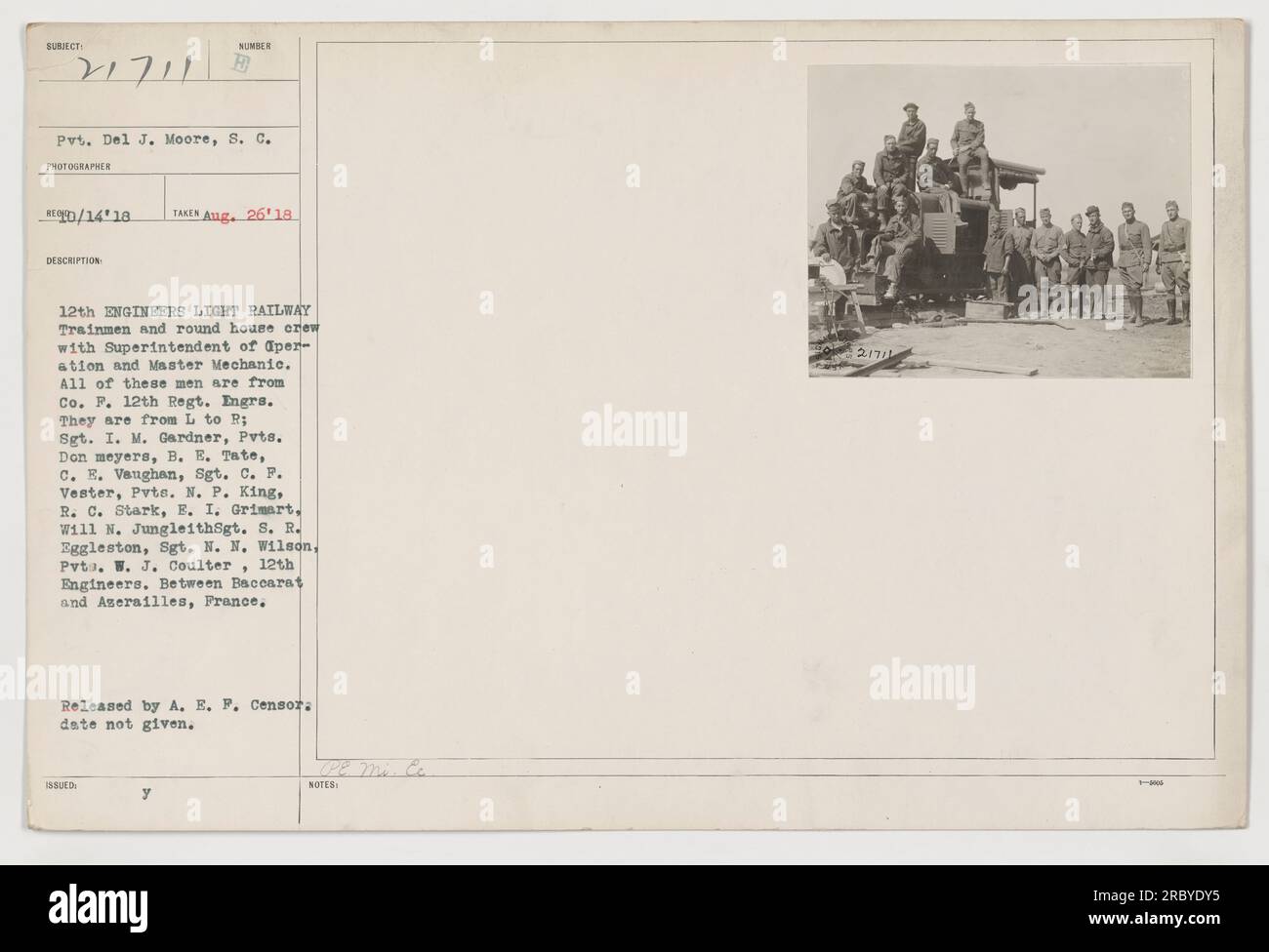 Trainmen et équipage de la compagnie P. 12th IRGs., 12th Engineers, entre Baccarat et Aserailles, France, 26 août 1918. Sur la photo, le sergent I. M. Gardner, Pvts. DaN Meyers, B. E. Tate, C. E. Vaughan, Sgt. C. F. Vester, Pvts. N. P. KING, R. C. STARK, E. I. Grimart, Will N. Jungleith, Sgt. S. R. Eggleston, Sgt N. Wilson et PVO. W. J. Coulter. Banque D'Images