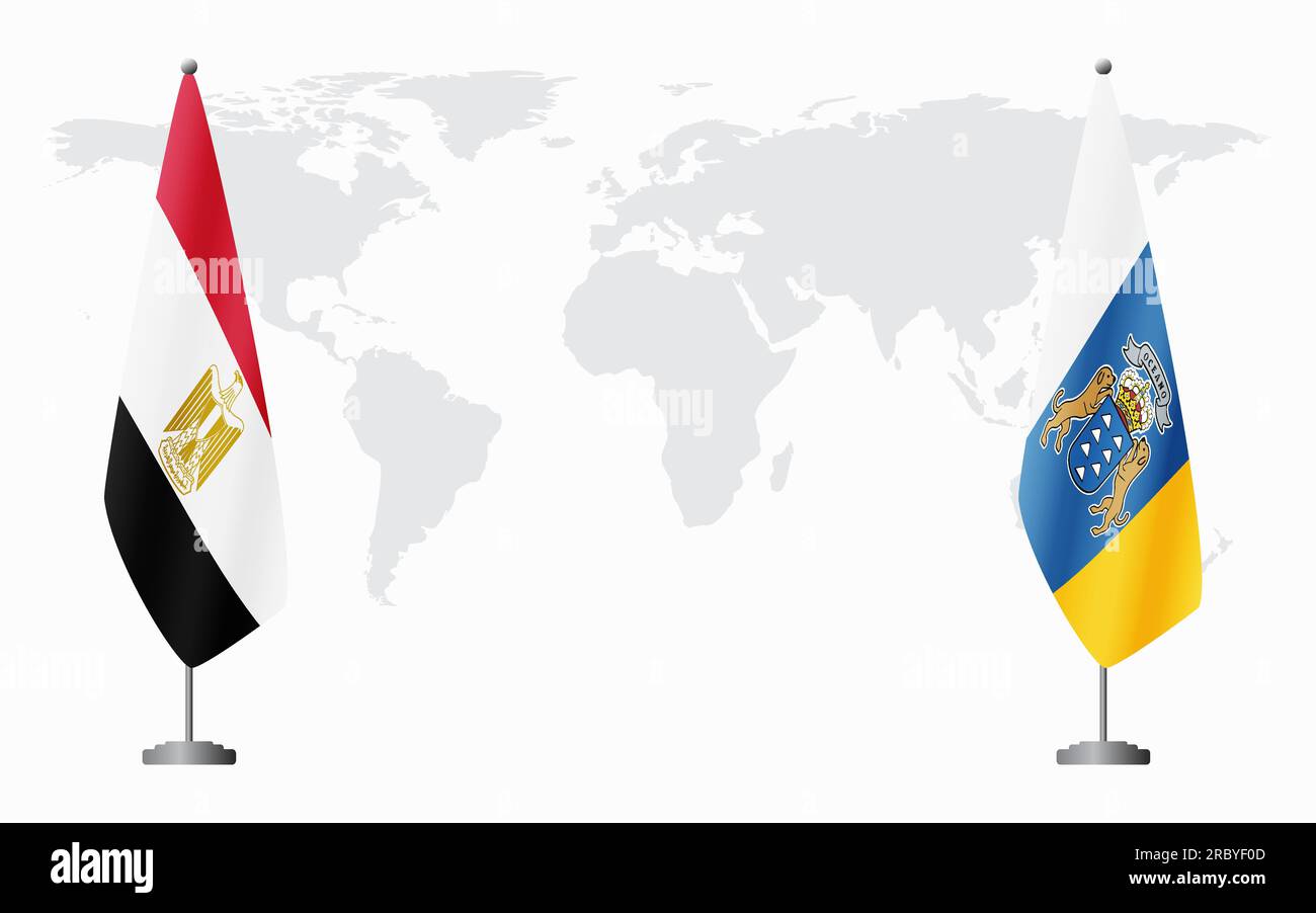 Drapeaux de l'Egypte et des îles Canaries pour la réunion officielle sur fond de carte du monde. Illustration de Vecteur