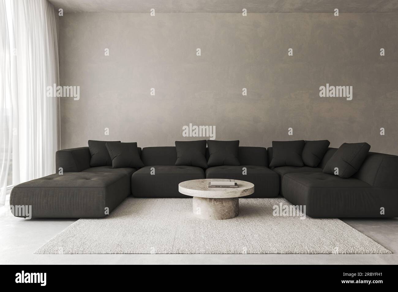 Salon intérieur conceptuel avec mur en stuc. Canapé sombre de composition créative avec table en marbre de couleur pastel. Maquette d'arrière-plan vide. 3d Banque D'Images