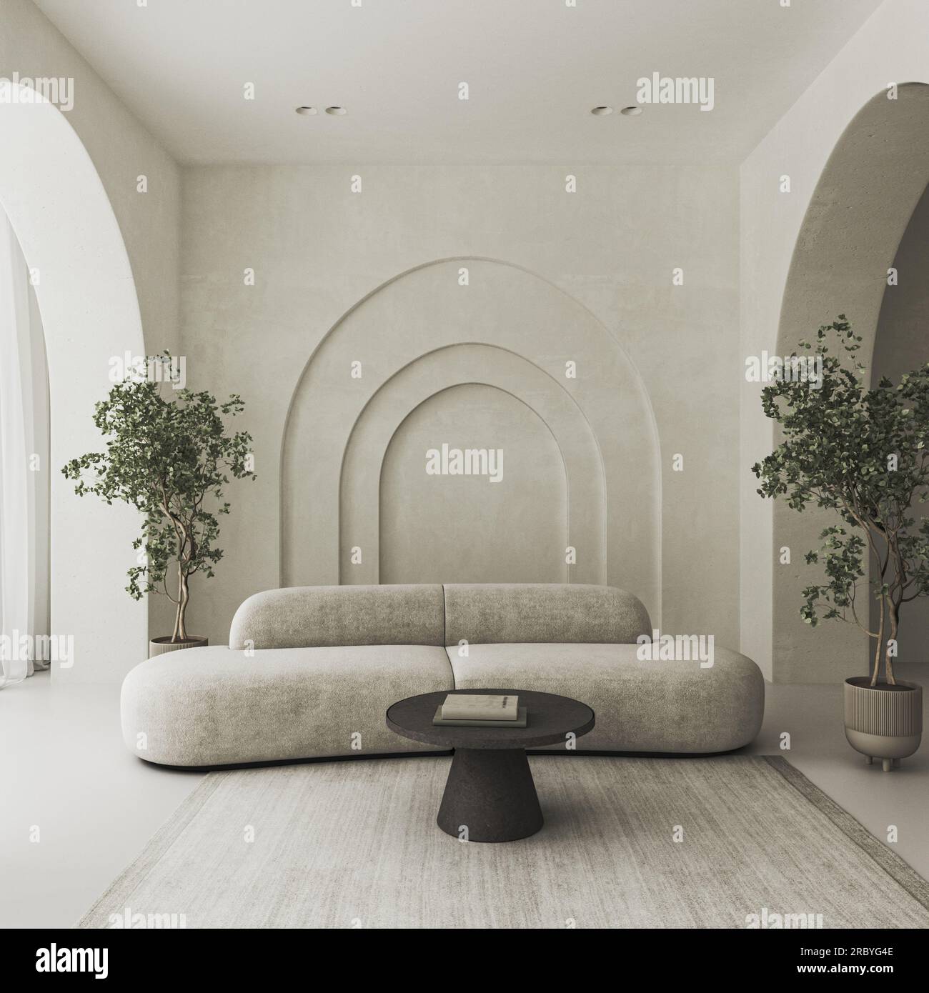 Chambre intérieure conceptuelle avec mur en stuc voûté. Canapé de composition créative avec arche en couleur pastel. Maquette arrière-plan vide. rendu 3d. Elevé Banque D'Images