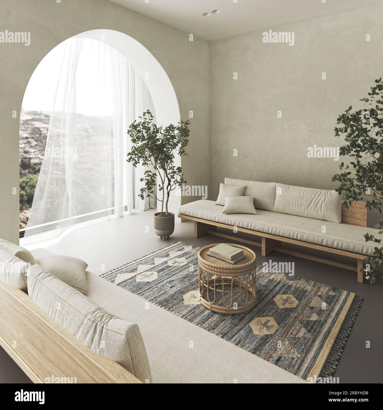 Salon intérieur conceptuel avec mur en arc beige stuc. Banc en bois de composition créative avec table en osier de couleur pastel. Maquette vide Banque D'Images