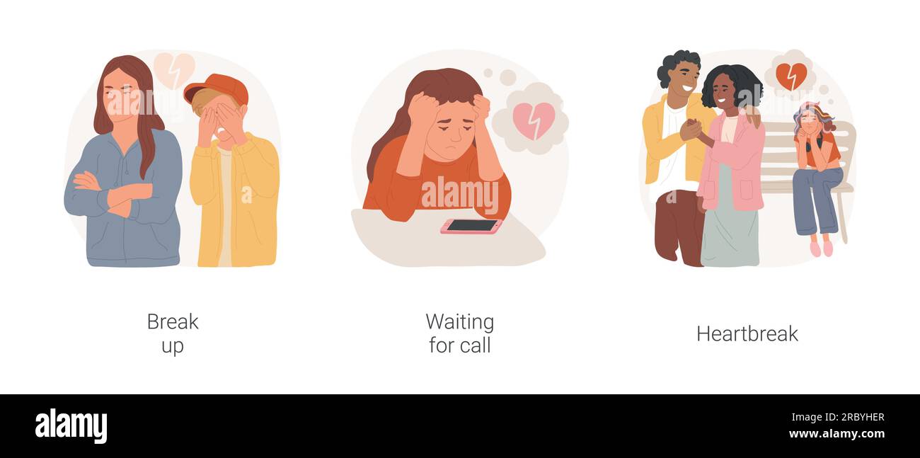Ensemble d'illustration vectorielle de dessin animé isolé d'adolescent de coeur brisé. Problèmes d'adolescents dans la relation, jeune couple rompre, attendre l'appel, regarder smartphone, jaloux avec ex petit ami dessin animé vectoriel. Illustration de Vecteur