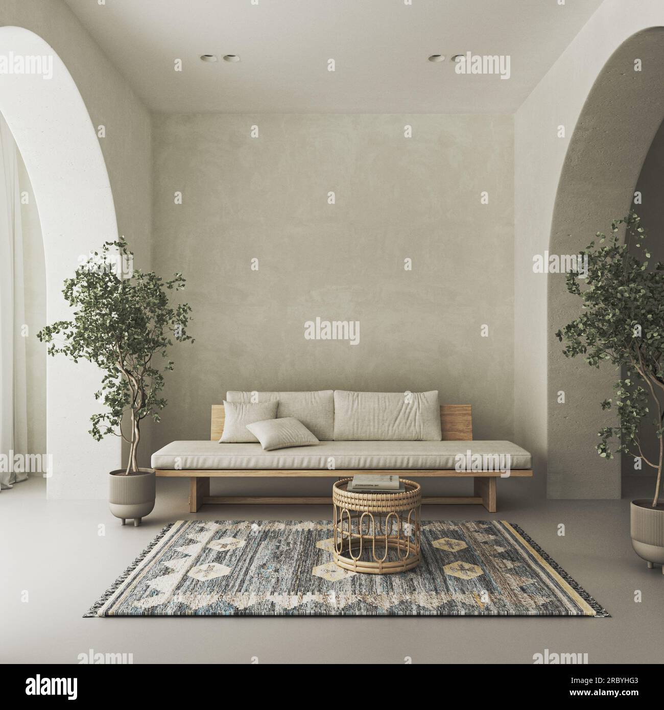 Salon intérieur conceptuel avec mur en arc beige stuc. Banc en bois de composition créative avec table en osier de couleur pastel. Maquette vide Banque D'Images