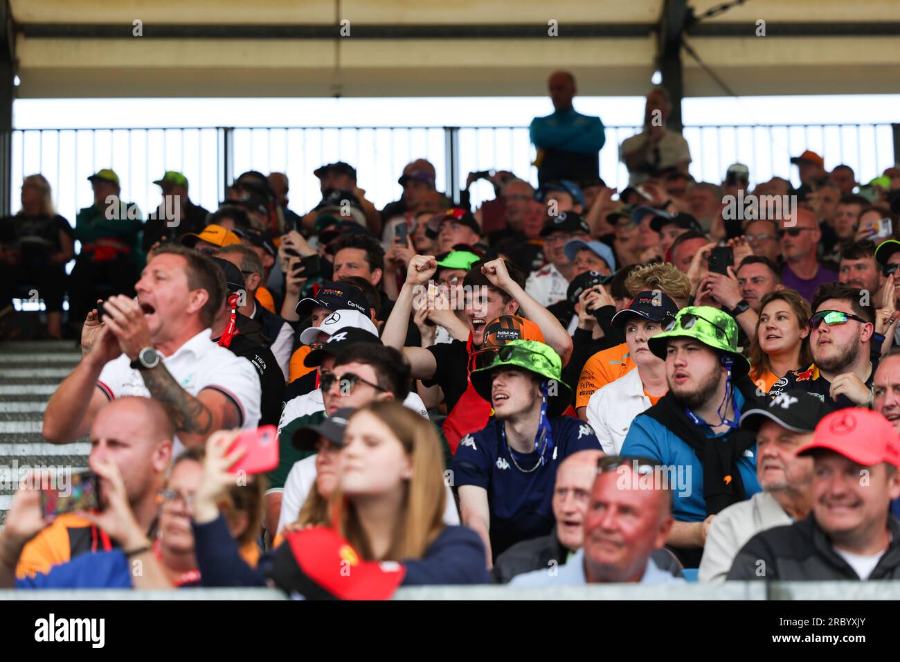 Un homme frappe l'air alors que Lewis Hamilton (GBR) de Mercedes-AMG Petronas F1 Team dépasse un pilote et d'autres fans du Grand prix de Formule 1 stand and che Banque D'Images