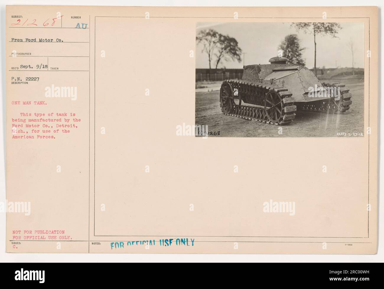 L'image montre un réservoir pour une personne fabriqué par Ford Motor Co. Il a été conçu pour être utilisé par les forces américaines pendant la première Guerre mondiale (50 mots) Banque D'Images