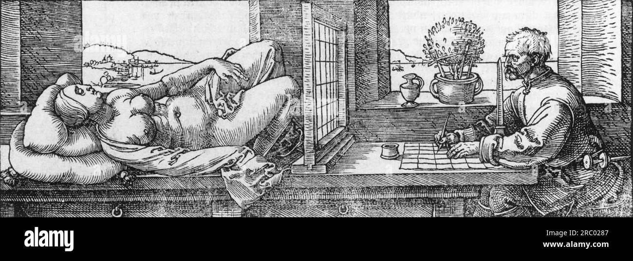 Dessinateur dessinant une femme couchée 1525 par Albrecht durer Banque D'Images