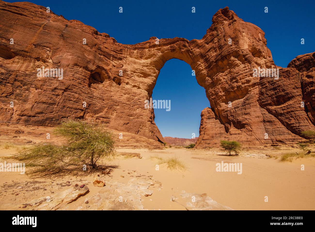Admirez la beauté majestueuse d'Aloba Arch, une œuvre naturelle titanesque s'étendant sur plus de 200 mètres, nichée dans les paysages arides de la chaîne Ennedi Banque D'Images