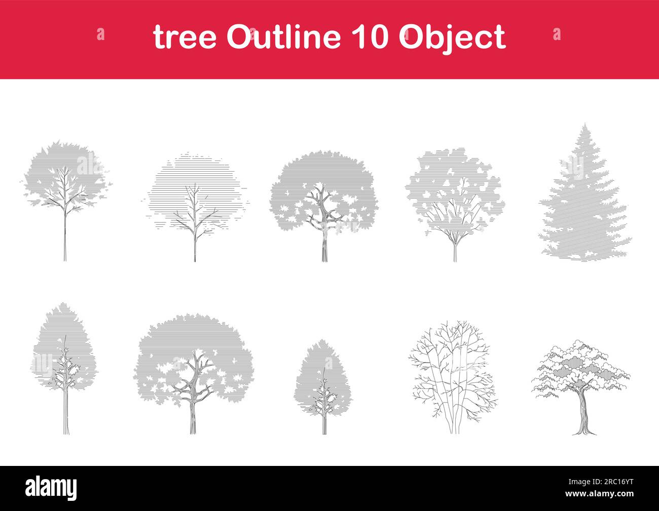 Dessin au trait d'arbre, vue latérale, graphiques arbres éléments contour d'un seul objet symbole minimal de plante pour l'architecture et la conception de paysage. Vecteur. Illustration de Vecteur