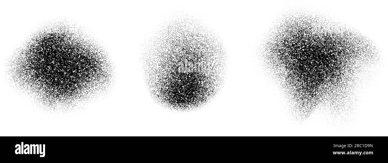Taches dégradés pointillés fluides abstraites. Jeu de formes de texture de grain de bruit. Éclaboussures de spray à pois noirs et taches de poussière de sable. Collection d'éléments de grille et de formulaires d'éclaboussures de demi-teinte. Vecteur Illustration de Vecteur