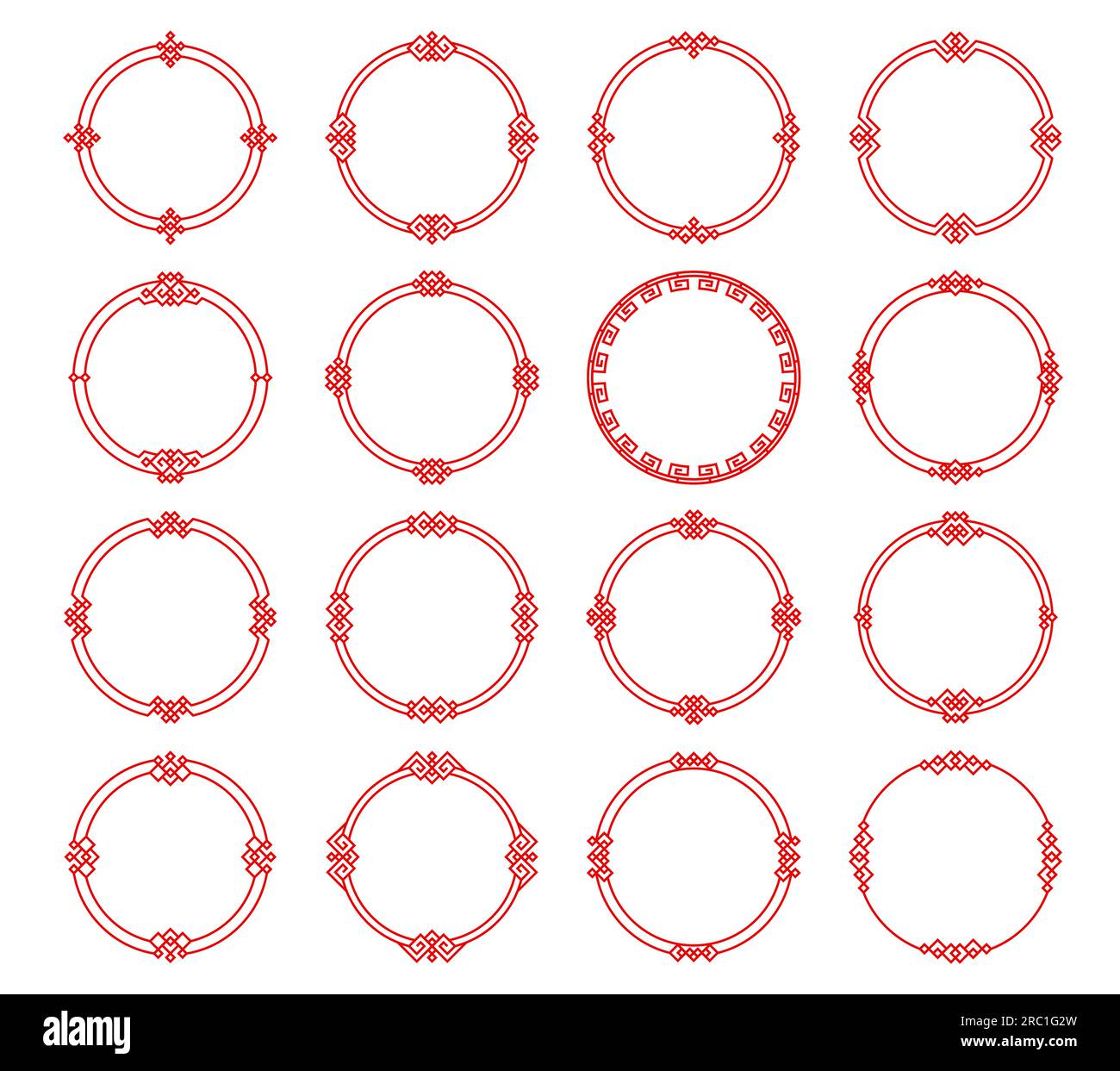Cadres et bordures asiatiques rouges ronds. Cadres circulaires japonais, coréens et chinois. Bordures de ligne de vecteur de motif oriental, ornement de noeud traditionnel et motif géométrique avec des décorations carrées Illustration de Vecteur