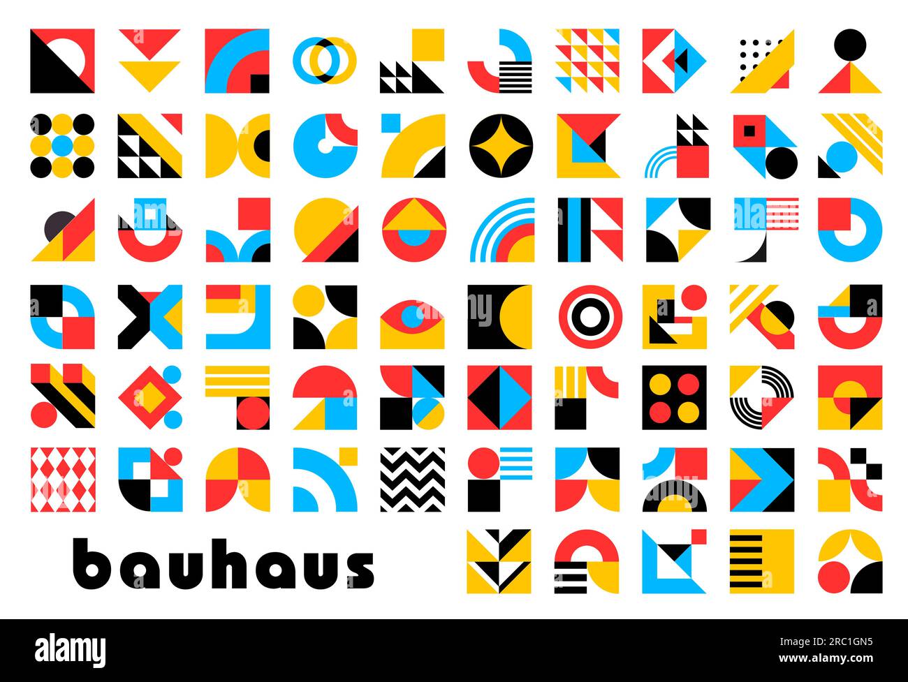 Éléments géométriques abstraits du bauhaus. Vector formes graphiques modernes et ensembles de formes. Couleurs cercles, carrés et triangles, lignes, croix, points et éléments de motif mosaïque bauhaus en zigzag Illustration de Vecteur
