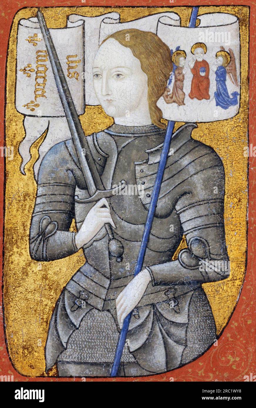 France : Jeanne d'Arc / Jeanne d'Arc (c. 1412 - 30 mai 1431). Peinture sur parchemin, c. 1485. Sainte Jeanne d'Arc, surnommée « la servante d'Orléans », est considérée comme une héroïne nationale de France et une sainte catholique. Paysanne née dans l'est de la France qui revendiquait la direction divine, elle conduisit l'armée française à plusieurs victoires importantes au cours de la guerre de cent ans, qui ouvrit la voie au couronnement de Charles VII Elle est capturée par les Bourguignons, vendue aux Anglais, jugée par un tribunal ecclésiastique et brûlée sur le bûcher à l'âge de 19 ans. Banque D'Images