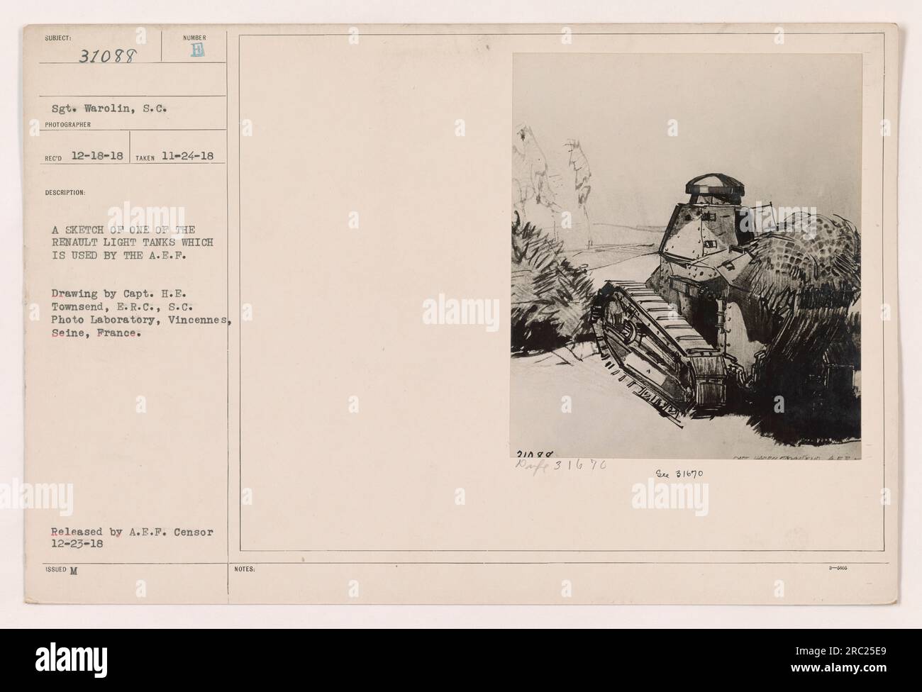 Croquis d'un char léger Renault utilisé par l'American Expeditionary Force (A.E.F) pendant la première Guerre mondiale. Le croquis a été fait par le capitaine H.E. Townsend, E. R.C., S.C., au Laboratoire photo de Vincennes, Seine, France. Cette image a été publiée par le censeur de l'A.E.F. le 12-23-18. Banque D'Images