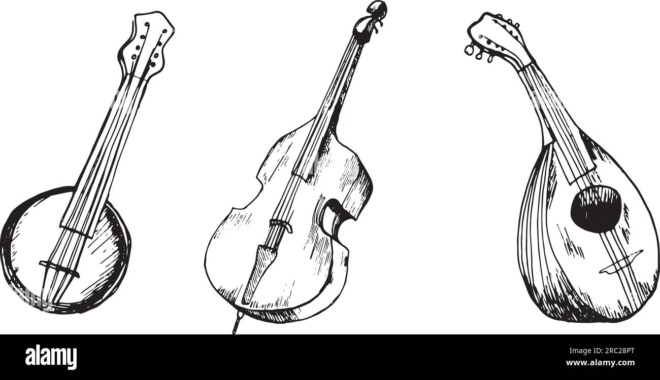 Ensemble de contrebasse, mandoline, illustration vectorielle d'instrument de musique banjo isolé. Instruments à cordes d'orchestre dessinés à l'encre. Élément noir et blanc pour Illustration de Vecteur
