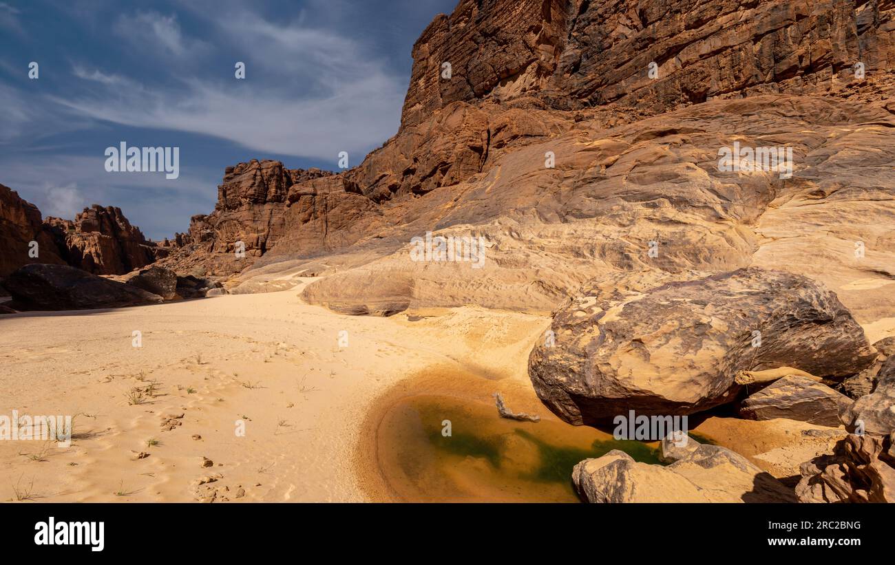 Niché dans les parois formidables d'un canyon du désert tchadien, un petit bassin d'eau souterraine se trouve, un cadeau inattendu de la nature au milieu de la nature sauvage Banque D'Images