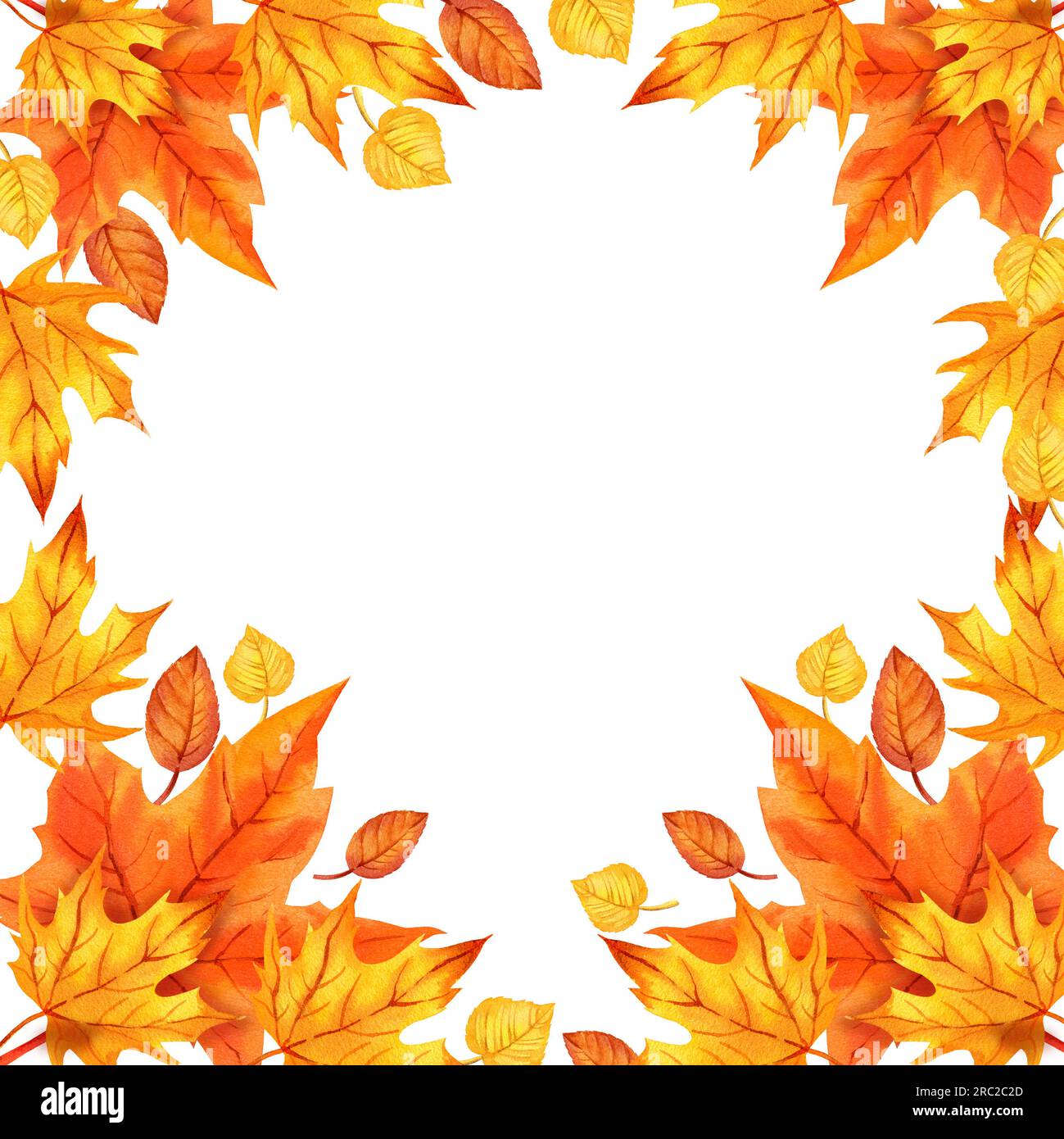 cadre carré aquarelle avec feuilles d'automne, feuilles d'érable orange, illustration dessinée à la main de feuilles d'automne jaunes et oranges, croquis isolé sur blanc Banque D'Images