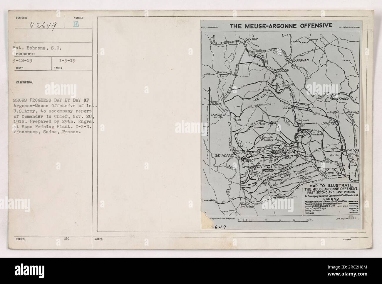 Image illustrant les progrès de l'offensive Argonne-Meuse menée par la 1e armée américaine. Photo prise le 12 mars 1919, montrant le soldat Behrens, S.C. La photographie fait partie d'un rapport préparé par le 29e ingénieur de l'imprimerie de base à Vincennes, Seine, France. L'offensive a eu lieu à partir du 20 novembre 1918. Banque D'Images