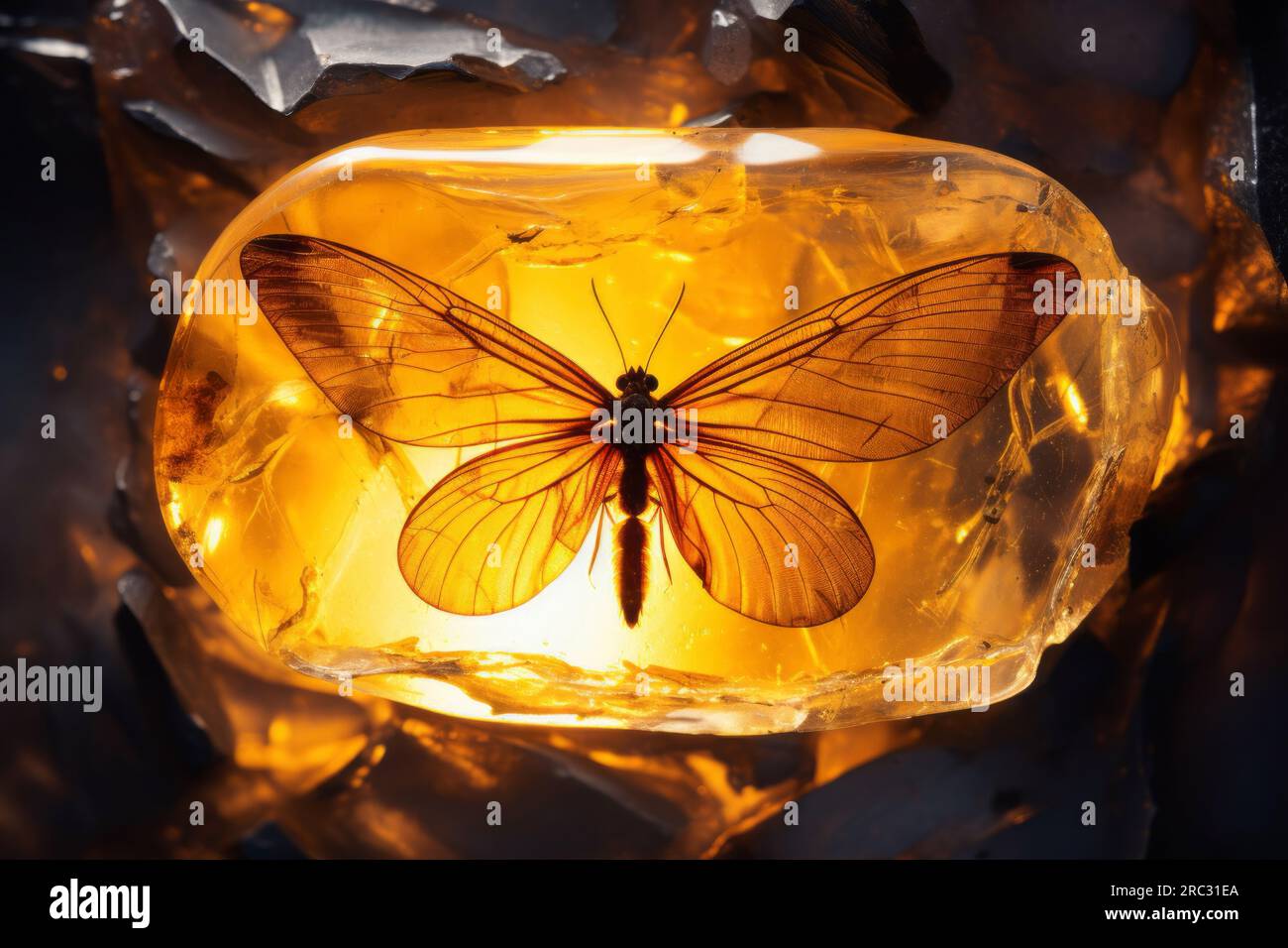 Ambre Baltique avec insecte piégé. Animal conservé dans un morceau d'ambre. Macrophotographie de pierres précieuses. Résine d'arbre fossilisée. Beauté naturelle Banque D'Images