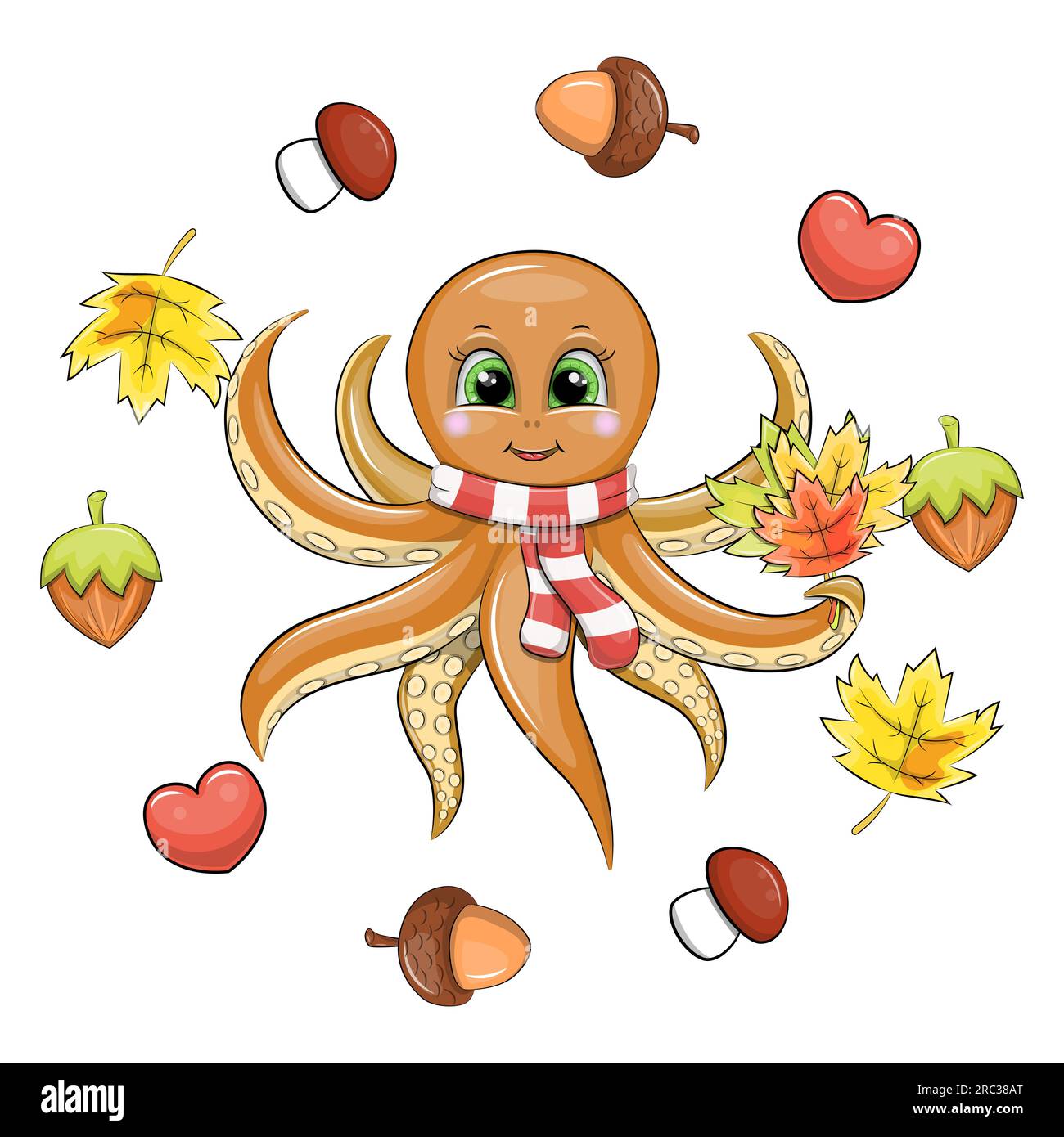 Mignon poulpe de dessin animé avec écharpe rouge, feuilles tombées dans le cadre d'automne. Illustration vectorielle d'animaux avec des glands, des noix, des champignons, des coeurs et des feuilles sur Illustration de Vecteur