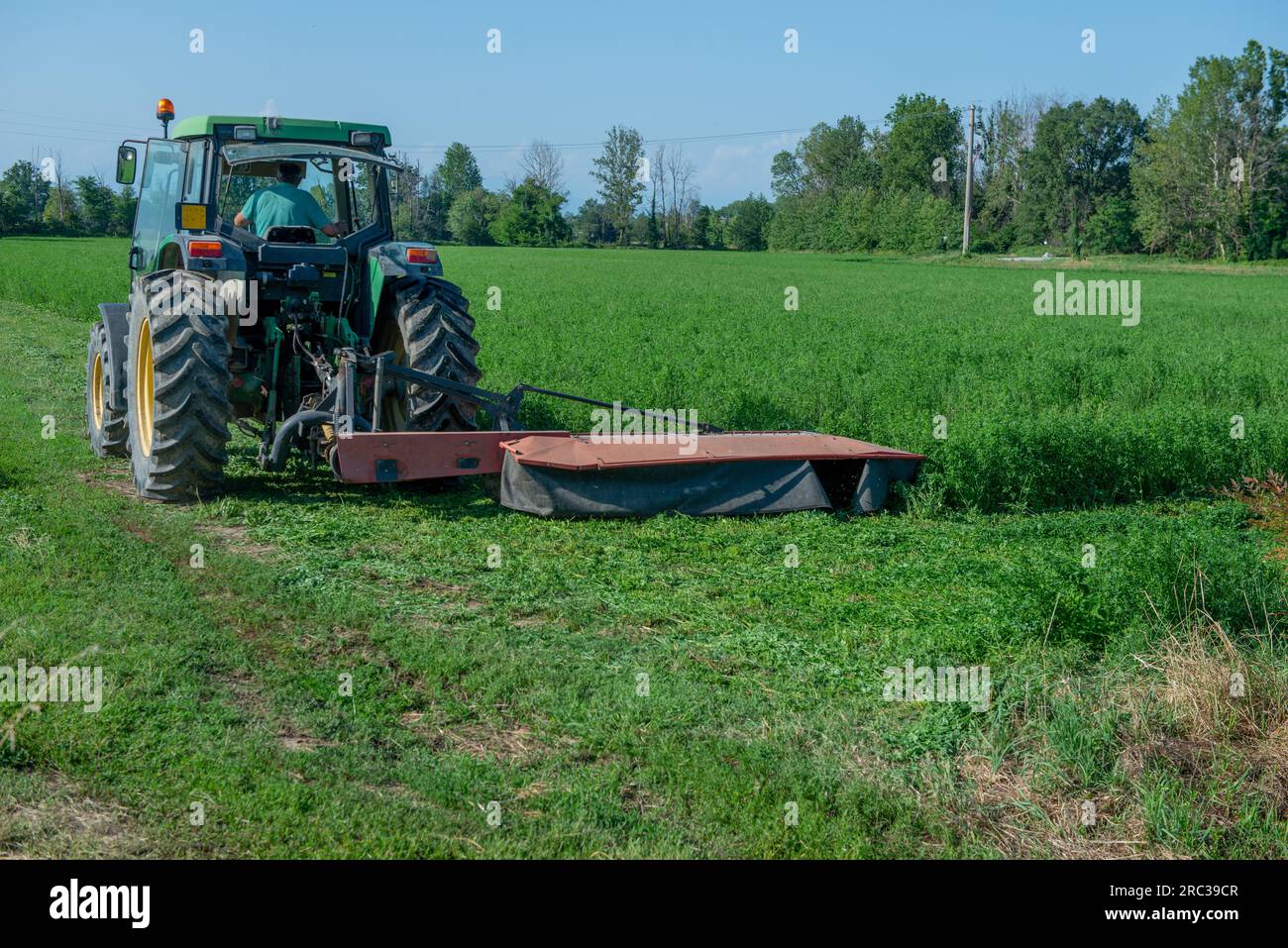 Tracteur pendant qu'il coupe l'herbe dans les champs Banque D'Images