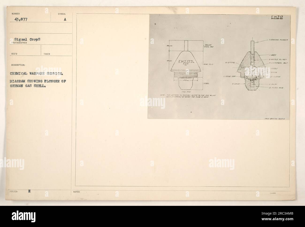 Un diagramme montrant le piston d'un obus de gaz allemand utilisé pendant la première Guerre mondiale. L'obus appartenait au Chemical Warfare Service et portait l'étiquette EHZ.17Z1. La photographie met en évidence la structure creuse de la coque et l'inscription « PUR HOB » sur son côté. Banque D'Images