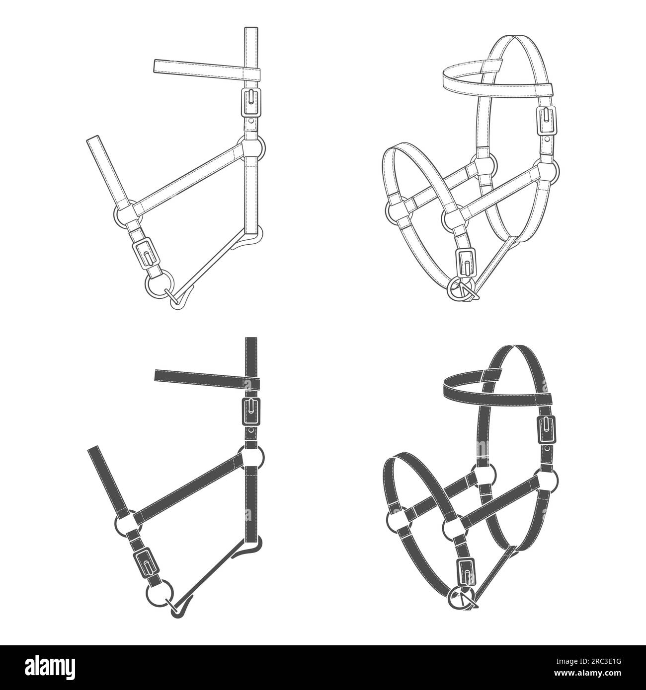 Ensemble d'illustrations en noir et blanc avec liou, headstall, bride. Objets vectoriels isolés sur fond blanc. Illustration de Vecteur