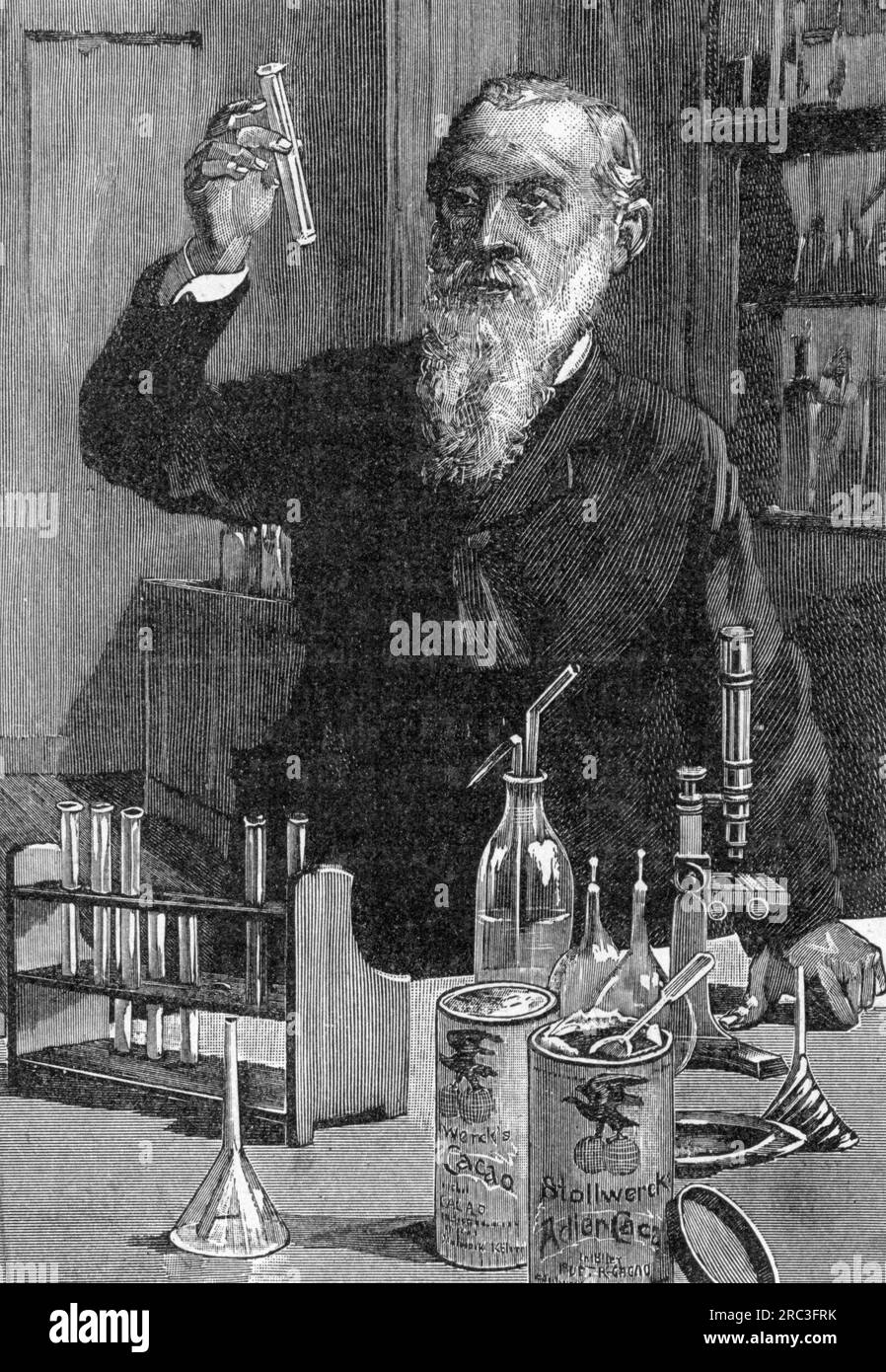 Science, chimie, chimiste dans le laboratoire d'une usine allemande de cacao et de chocolat, gravure sur bois, DROITS D'AUTEUR N'ONT PAS À ÊTRE EFFACÉS Banque D'Images