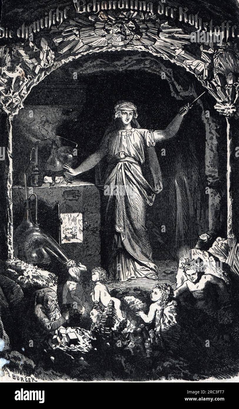 Allégories, chimie, traitement chimique des matières premières, gravure sur bois par Ludwig Burger, DROITS D'AUTEUR NE DOIVENT PAS ÊTRE EFFACÉS Banque D'Images