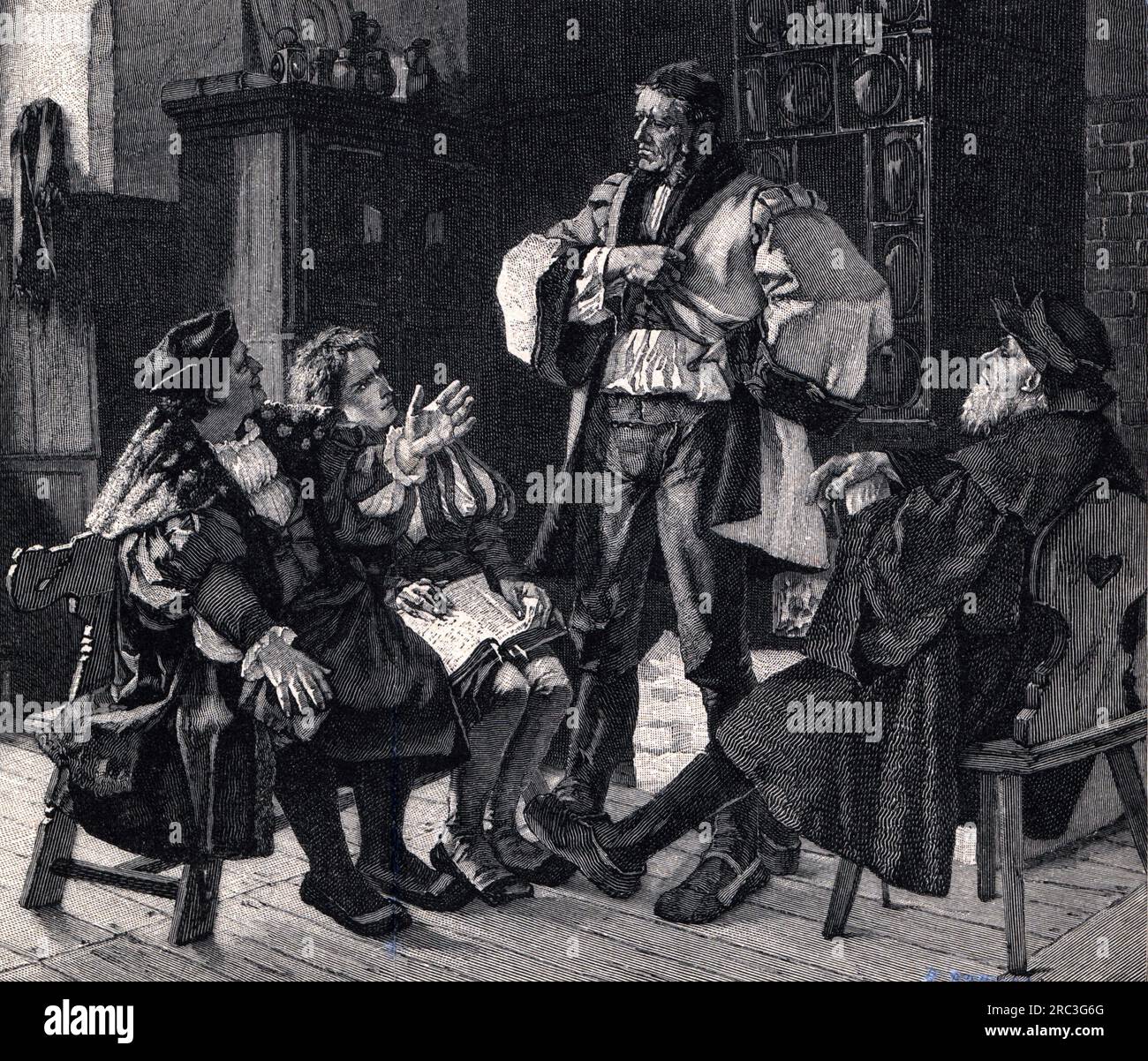 Science, scientifique, polémique scolaire au 16e siècle, gravure sur bois basée sur Eduard von Gebhardt, LE DROIT D'AUTEUR DE L'ARTISTE N'A PAS À ÊTRE EFFACÉ Banque D'Images