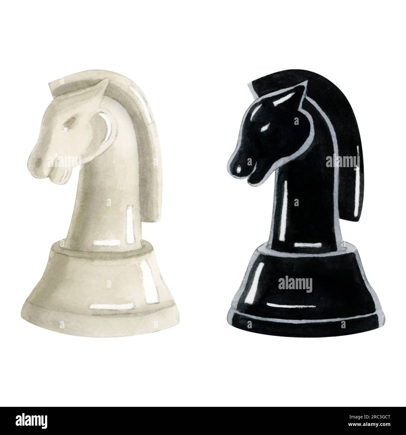Aquarelle chevaliers d'échecs pièces noir et blanc illustration isolée sur blanc. Figures réalistes de cheval pour le jour des échecs Banque D'Images
