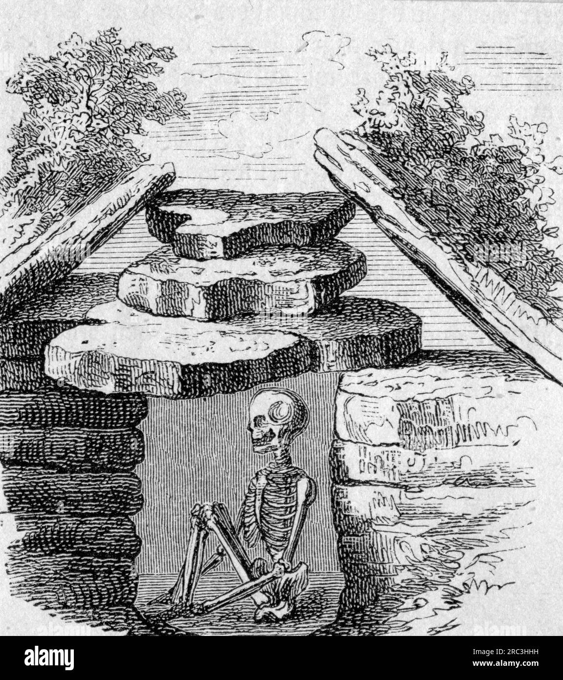 Mort, préhistorique, coupe longitudinale à travers la tombe de l'âge du bronze, gravure sur bois, 19e siècle, LE DROIT D'AUTEUR N'A PAS À ÊTRE EFFACÉ Banque D'Images