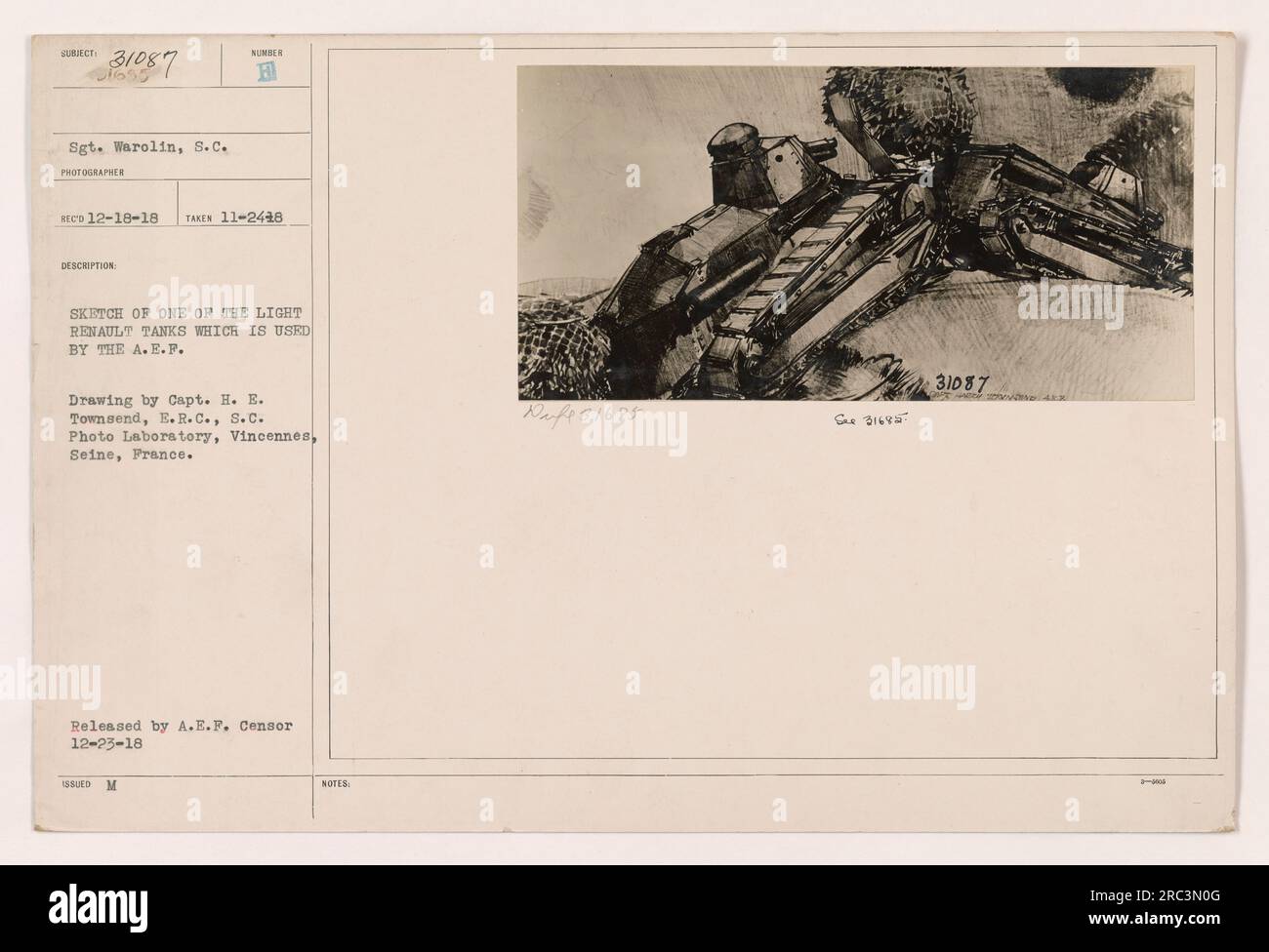 Description factuelle d'un char américain utilisé pendant la première Guerre mondiale. L'image est un croquis d'un char Renault léger utilisé par l'A.E.F. Le dessin a été réalisé par le capitaine H. E. Townsend, E.R.C., S.C., au laboratoire photographique de Vincennes, Seine, France. Publié par A.E.F. Censurer le 12-23-18.' Banque D'Images