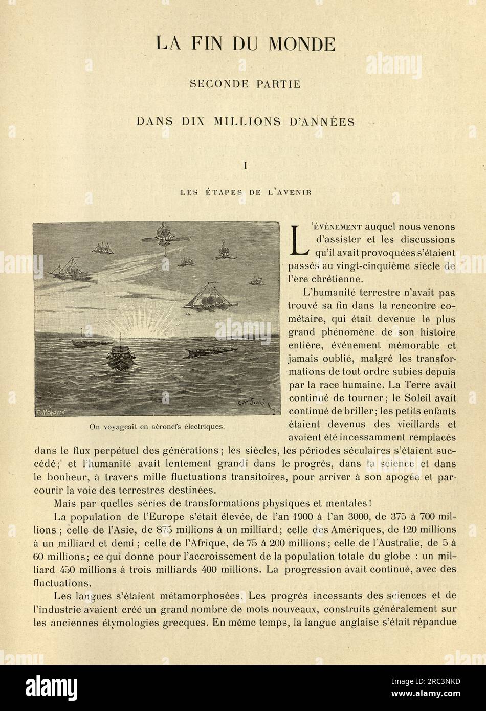 Page d'une histoire de science-fiction victorienne française, The End of the World, sur voyage en aéronefs électriques, nous avons voyagé en avion électrique, années 1890 Banque D'Images