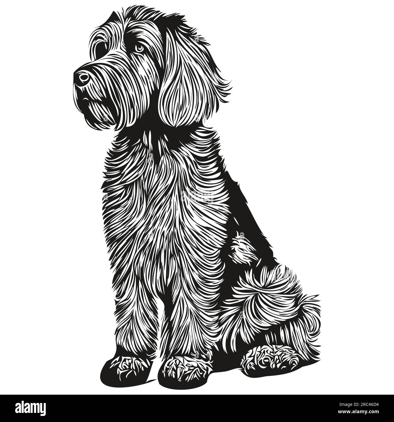 Portrait d'encre de visage de dessin animé de chien Briard, dessin d'esquisse noir et blanc, dessin d'esquisse d'impression de tshirt Illustration de Vecteur