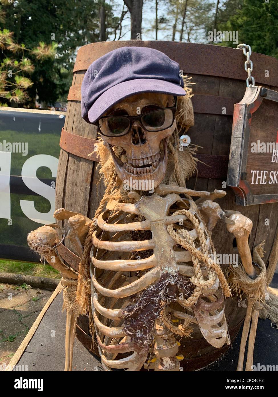 Squelette portant un chapeau et des lunettes. Photo amusante qui pourrait être de quelqu'un qui attend longtemps dans une file d'attente Banque D'Images
