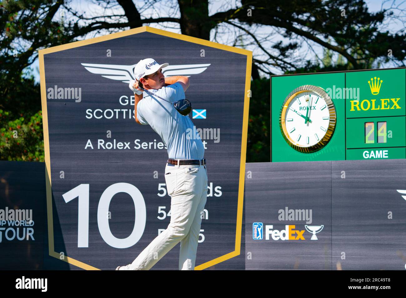 North Berwick, East Lothian, Écosse, Royaume-Uni. 12 juillet 2023. JT Poston conduit au 10e trou du Genesis Scottish Open au Renaissance Club à North Berwick. Iain Masterton/Alamy Live News Banque D'Images