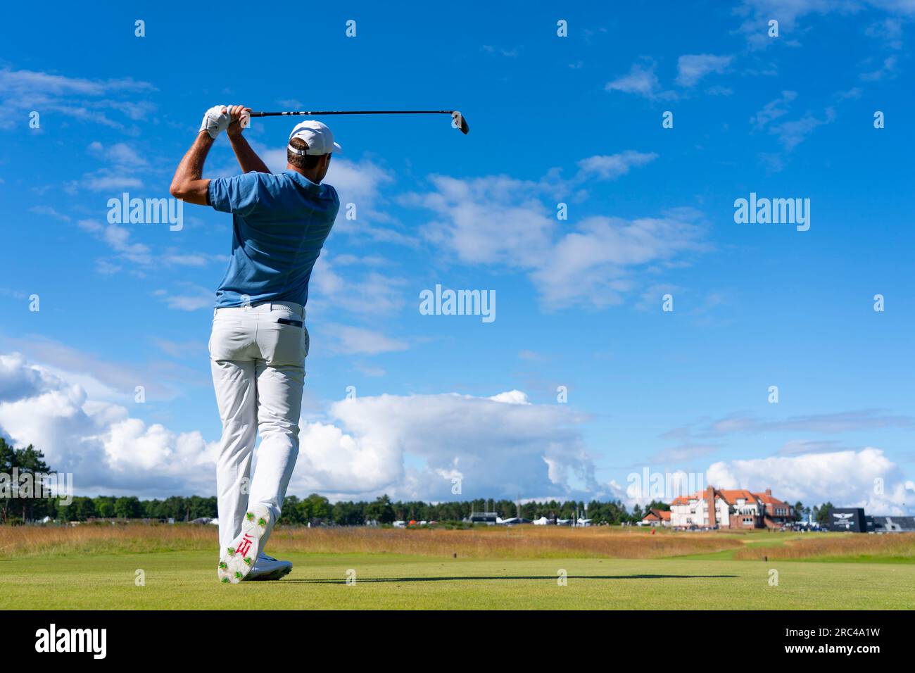 North Berwick, East Lothian, Écosse, Royaume-Uni. 12 juillet 2023. Scottie Scheffler conduit au 5e tee au Genesis Scottish Open au Renaissance Club de North Berwick. Iain Masterton/Alamy Live News Banque D'Images